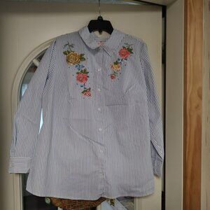 Quacker Factory White Blue Striped  Flowers Long Sleeve Button Down  Shirt 1X